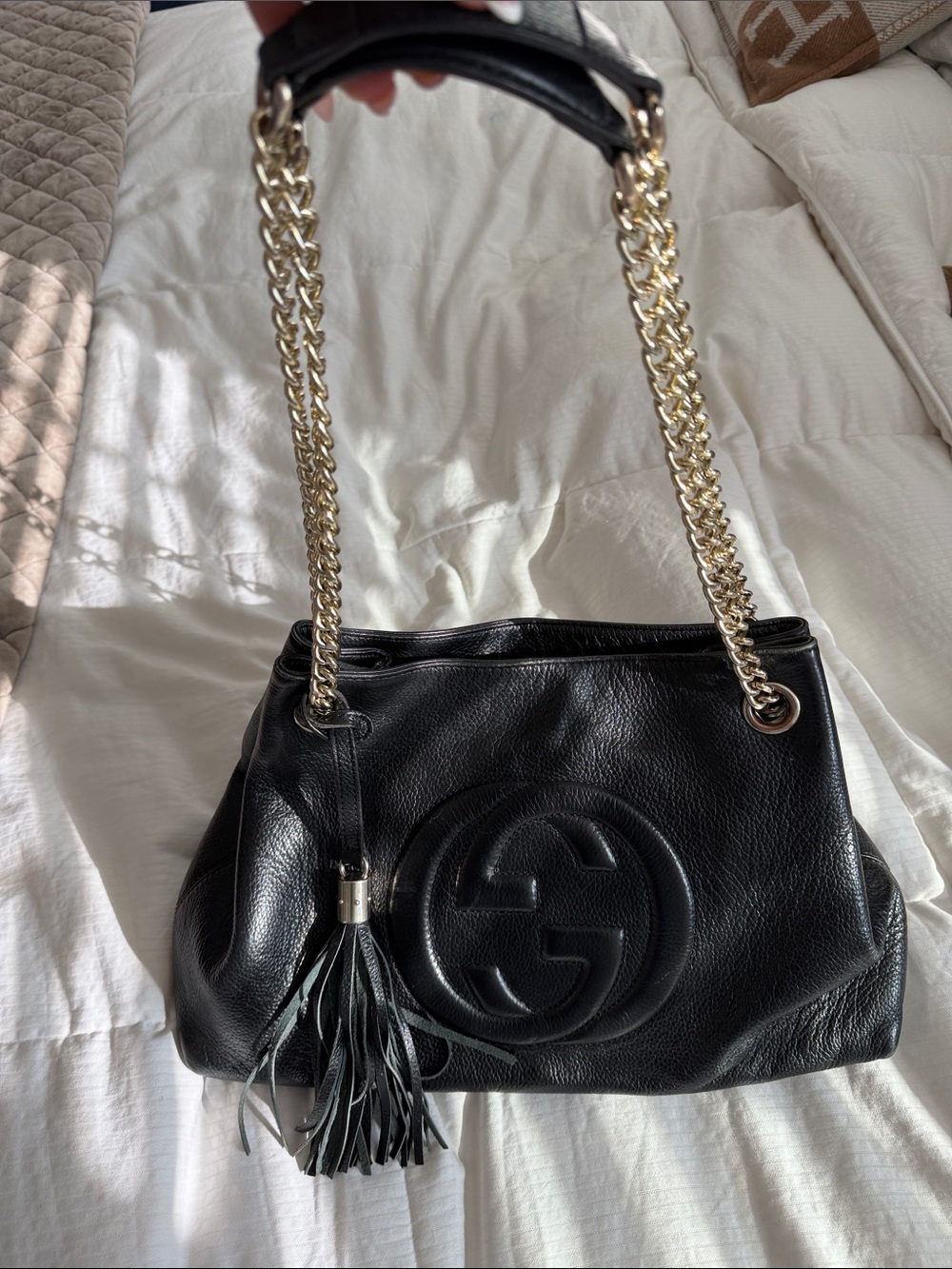 Gucci Black Leather Shoulder Bag with Gold Chain and Tassel
